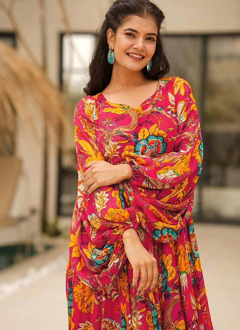 Red with floral print rayon printed anarkali suit