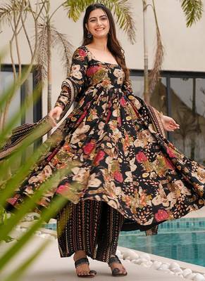 Black floral print  cotton anarkali suit 1