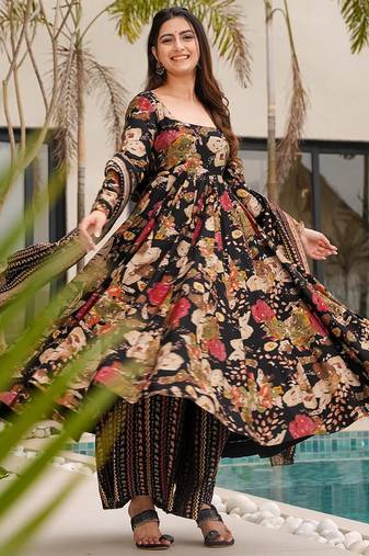 Black floral print  cotton anarkali suit