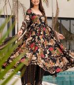 Black floral print  cotton anarkali suit