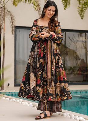 Black floral print  cotton anarkali suit 2
