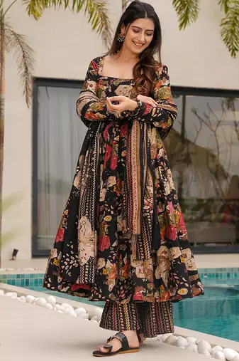 Black floral print  cotton anarkali suit