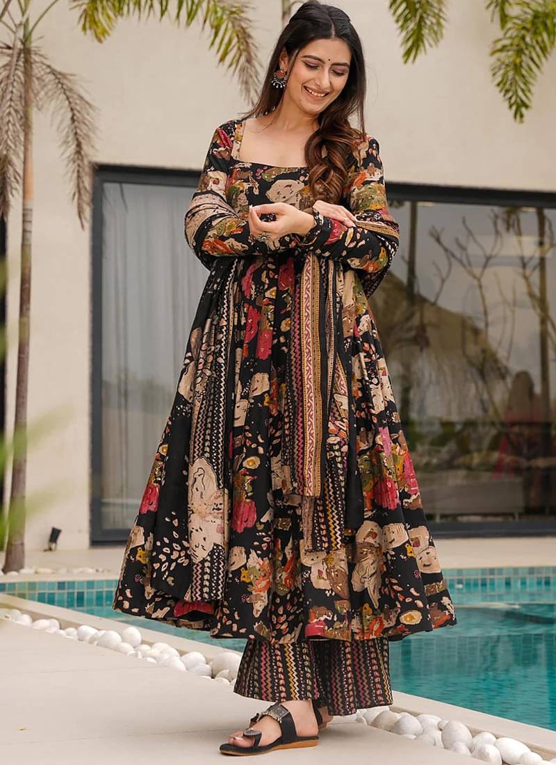 Black floral print  cotton anarkali suit