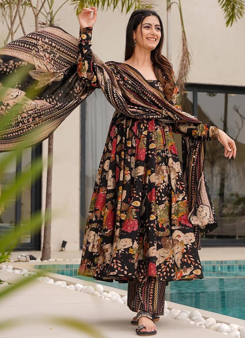 Black floral print  cotton anarkali suit