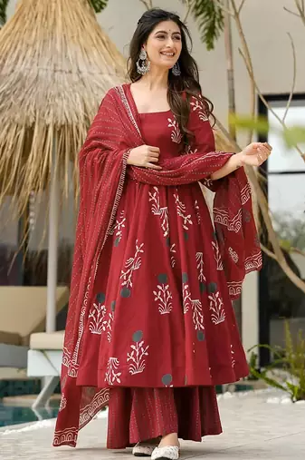 Red floral print cotton anarkali suit