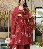 Red floral print cotton anarkali suit