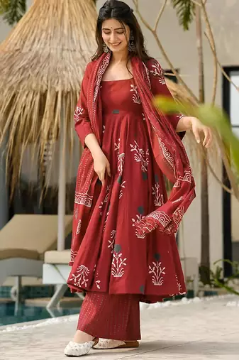 Red floral print cotton anarkali suit