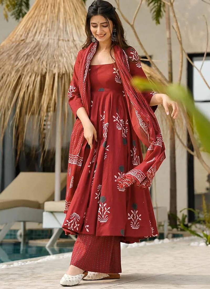 Red floral print cotton anarkali suit