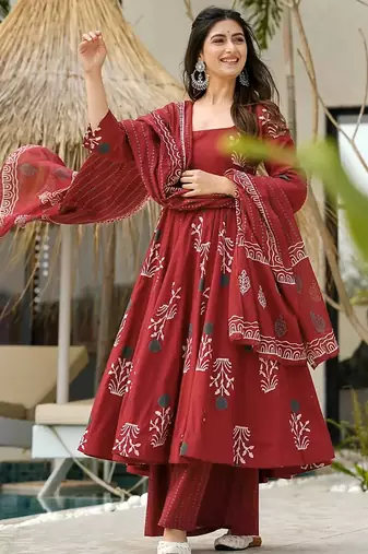 Red floral print cotton anarkali suit