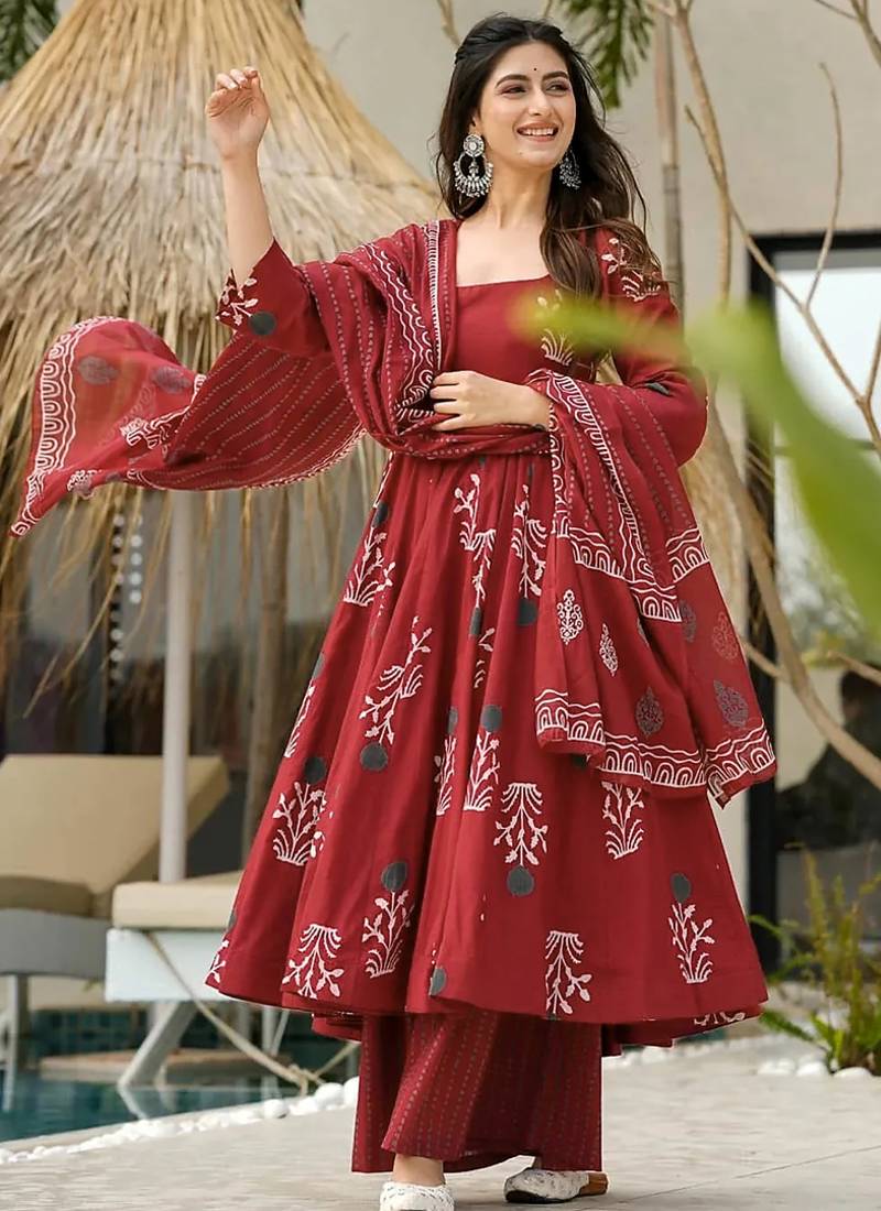 Red floral print cotton anarkali suit
