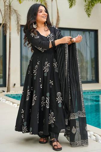 Black floral print cotton anarkali suit