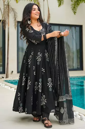 Black floral print cotton anarkali suit