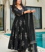 Black floral print cotton anarkali suit