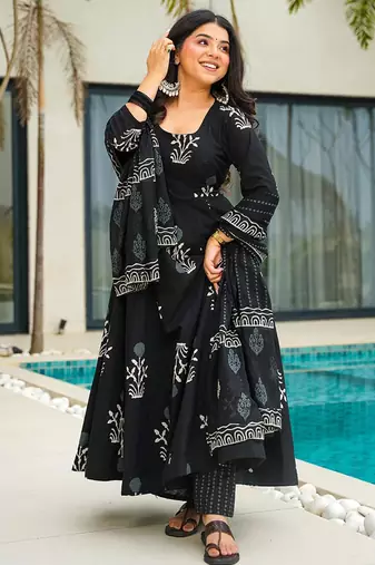 Black floral print cotton anarkali suit