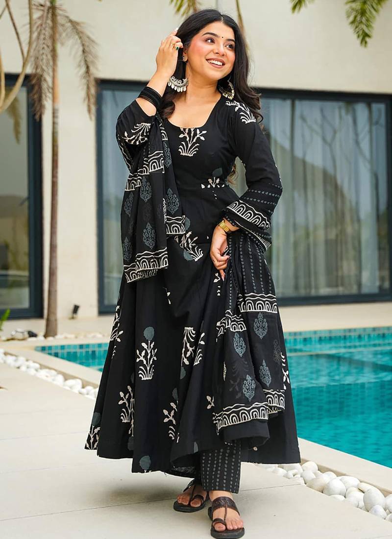 Black floral print cotton anarkali suit