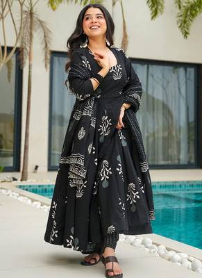 Black floral print cotton anarkali suit 3