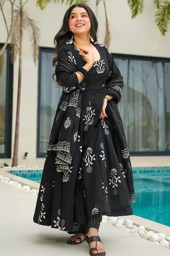 Black floral print cotton anarkali suit
