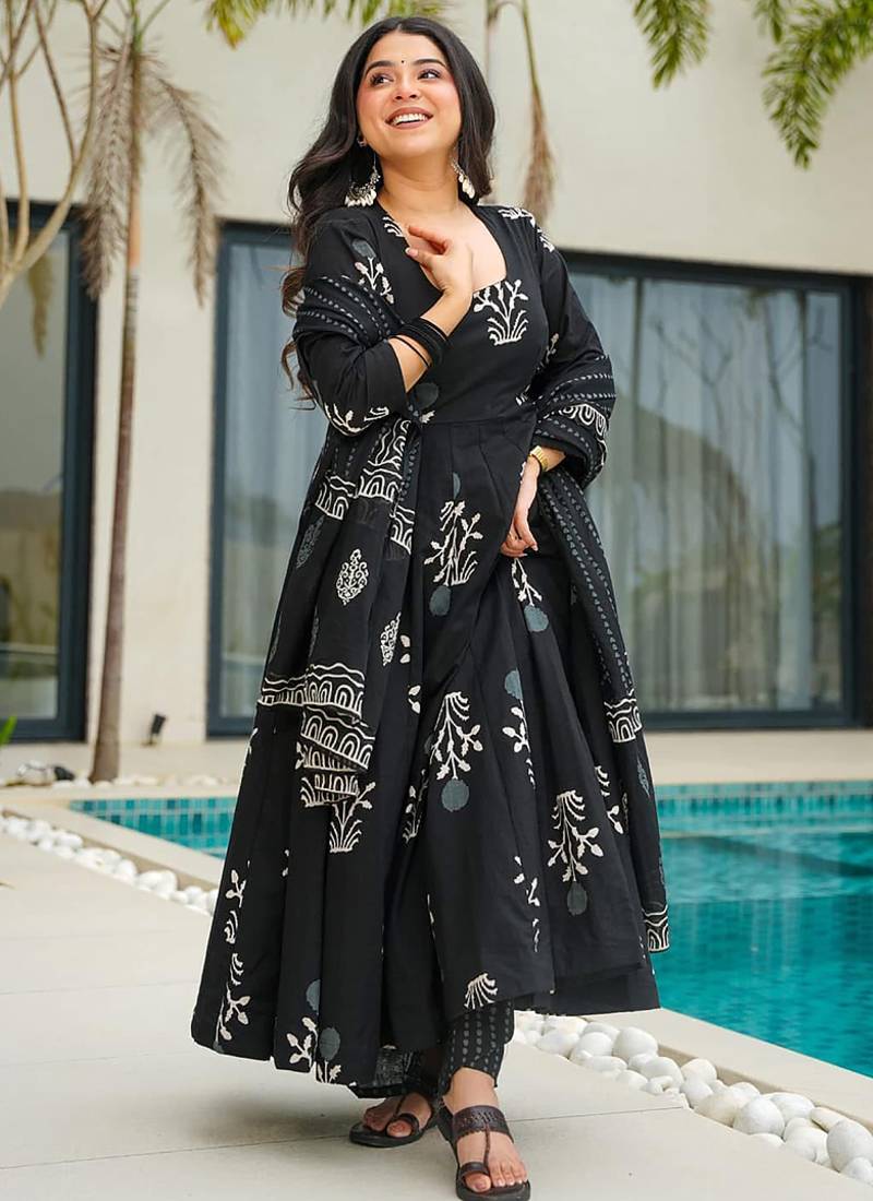 Black floral print cotton anarkali suit