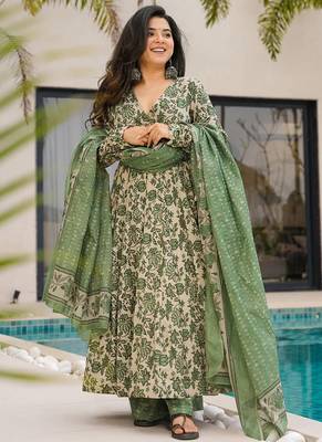 Green floral print cotton anarkalisuit 1