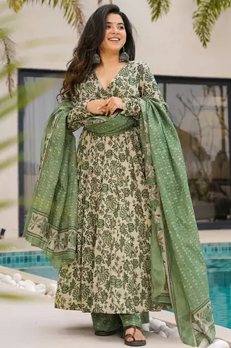 Green floral print cotton anarkalisuit