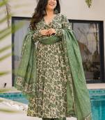 Green floral print cotton anarkalisuit