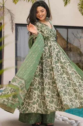 Green floral print cotton anarkalisuit