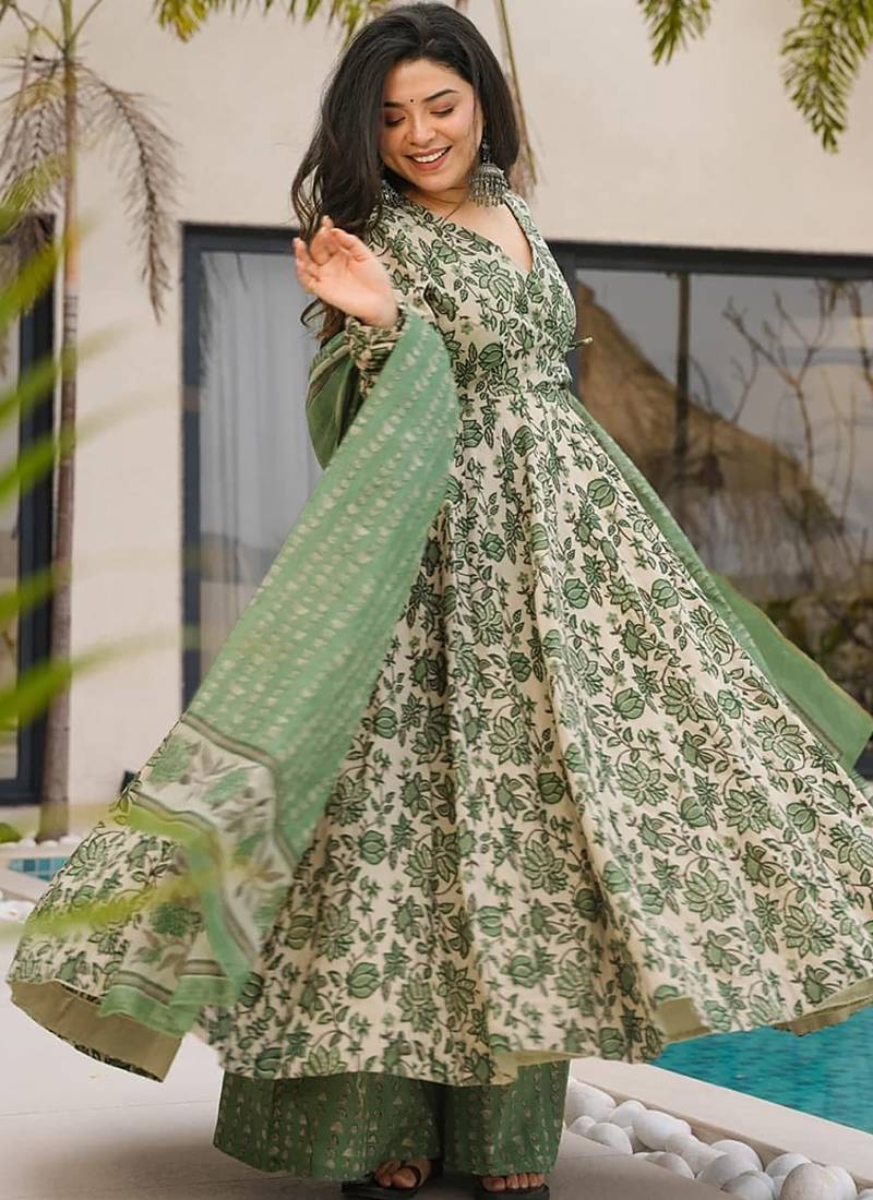 Green floral print cotton anarkalisuit