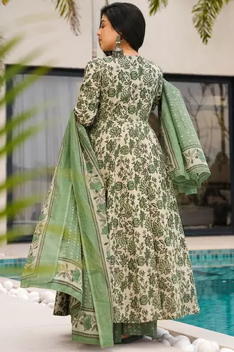 Green floral print cotton anarkalisuit