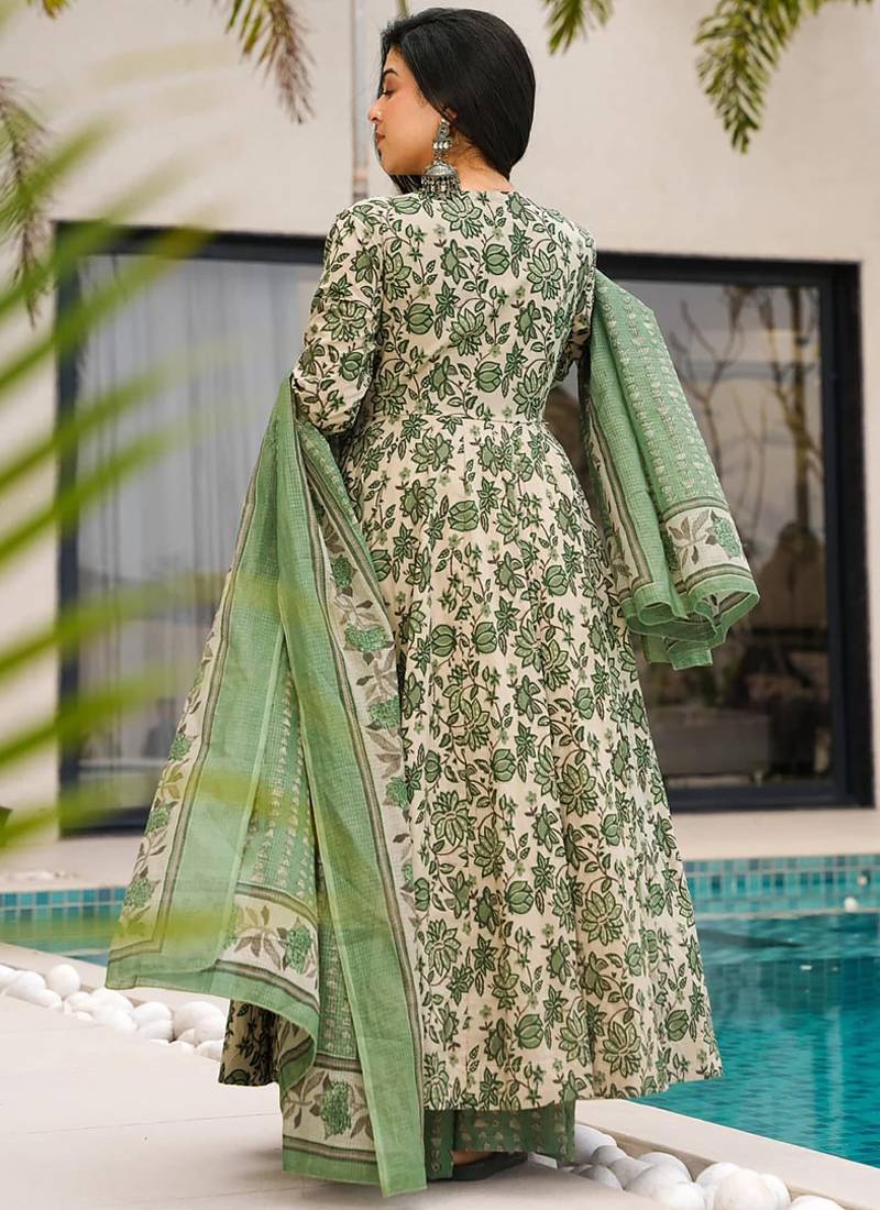 Green floral print cotton anarkalisuit