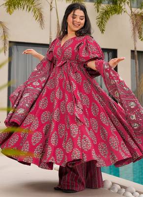 Pink floral print cotton anarkali  suit 1