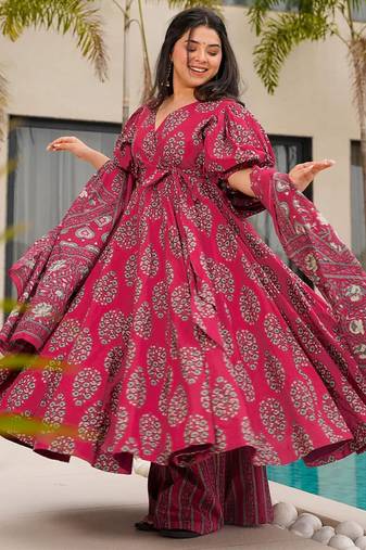 Pink floral print cotton anarkali  suit
