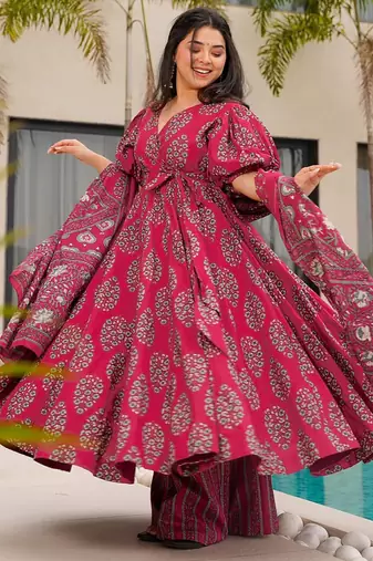 Pink floral print cotton anarkali  suit