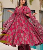 Pink floral print cotton anarkali  suit