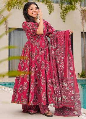 Pink floral print cotton anarkali  suit 2