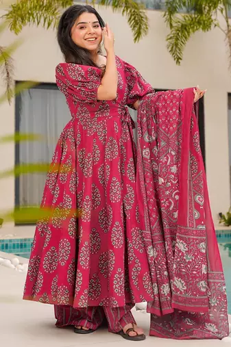 Pink floral print cotton anarkali  suit