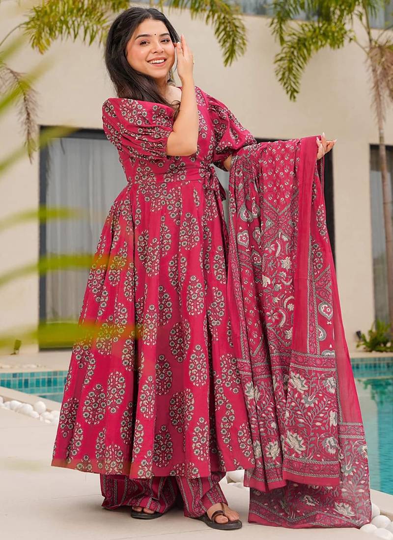 Pink floral print cotton anarkali  suit