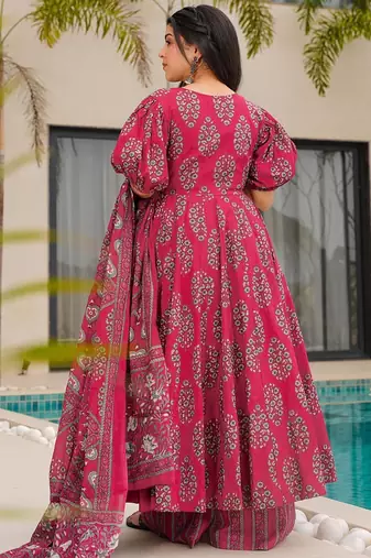 Pink floral print cotton anarkali  suit
