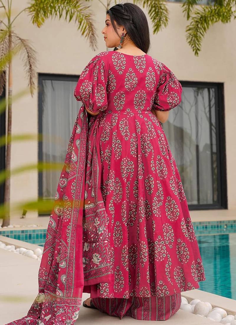 Pink floral print cotton anarkali  suit