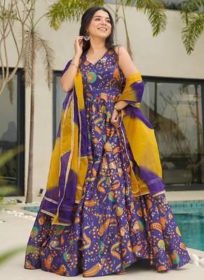 Blue floral printed anarkali art silk suit 1