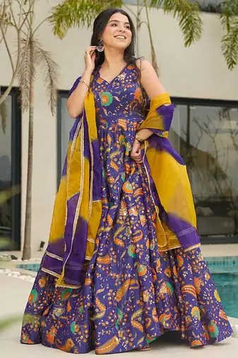 Blue floral printed anarkali art silk suit