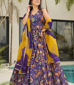 Blue floral printed anarkali art silk suit