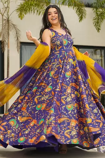 Blue floral printed anarkali art silk suit