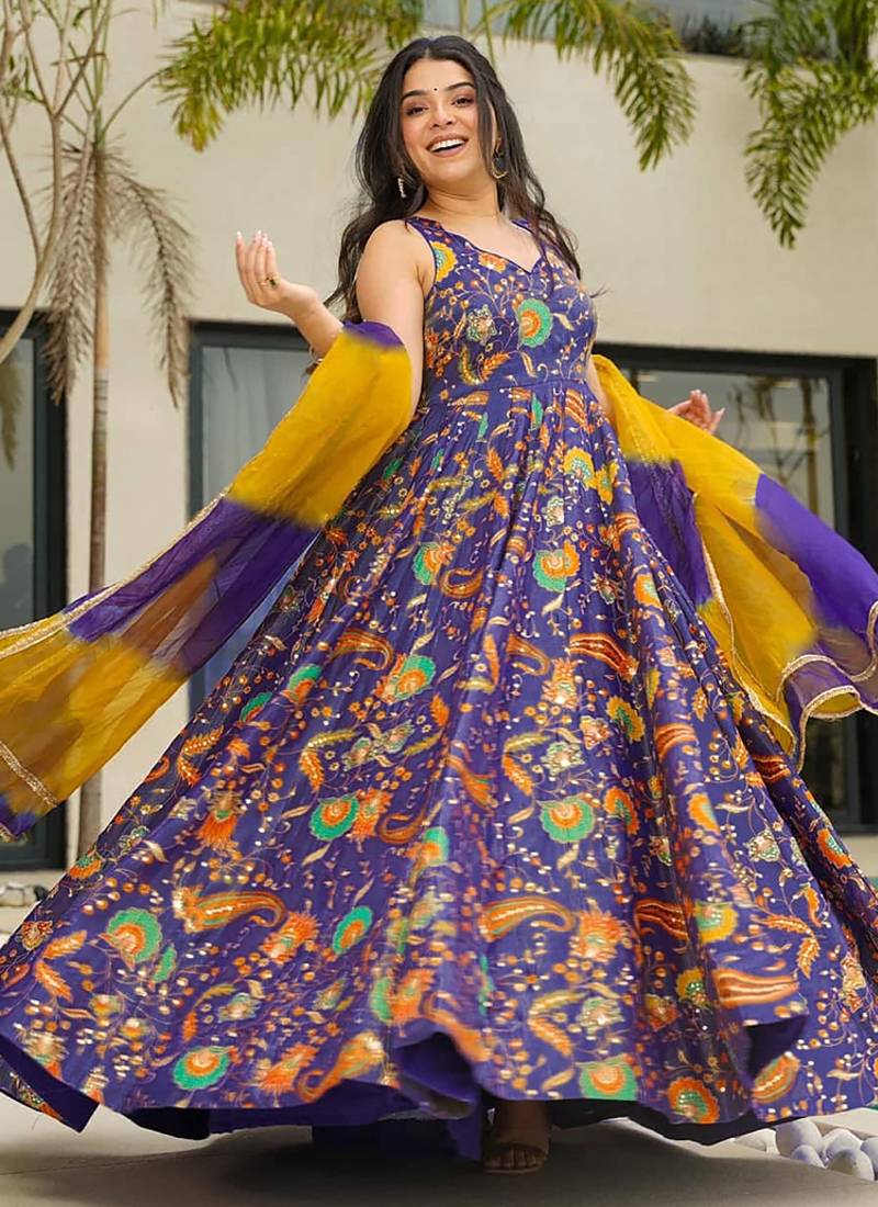 Blue floral printed anarkali art silk suit