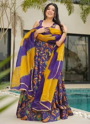 Blue floral printed anarkali art silk suit 3