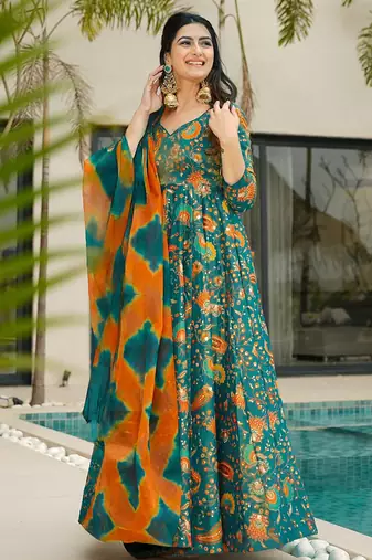 Green floral print art silk anarkali suit
