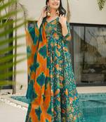Green floral print art silk anarkali suit