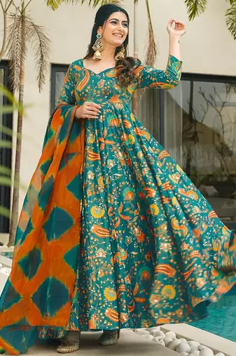 Green floral print art silk anarkali suit