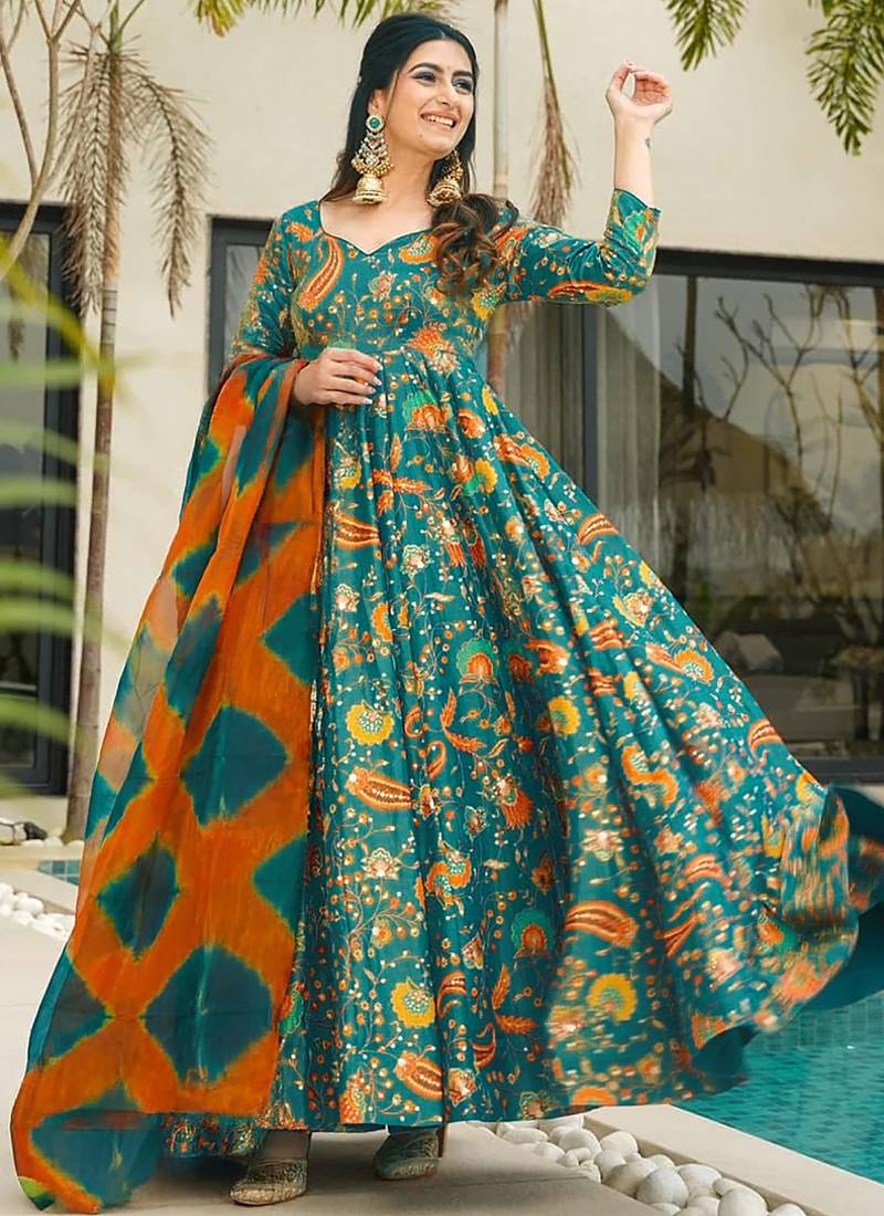 Green floral print art silk anarkali suit