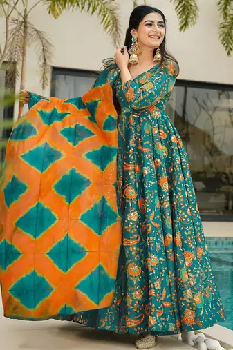 Green floral print art silk anarkali suit