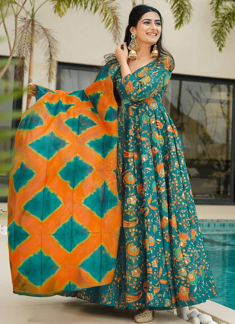 Green floral print art silk anarkali suit